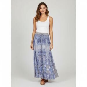 Of Two Minds Silk Flowy Boho Maxi Skirt Medium Blue Brown Chiffon